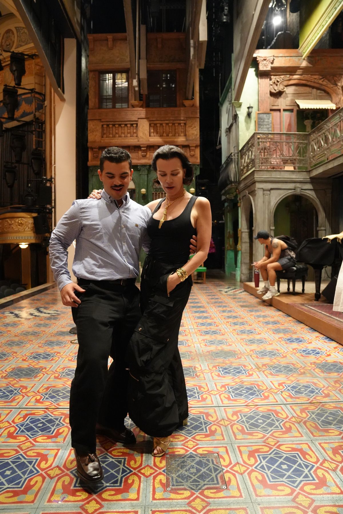 Jes s Pupo with actress Debi Mazar following a performance of Broadway?s Buena Vista Social Club at the Gerald Schoenfeld Theatre NY