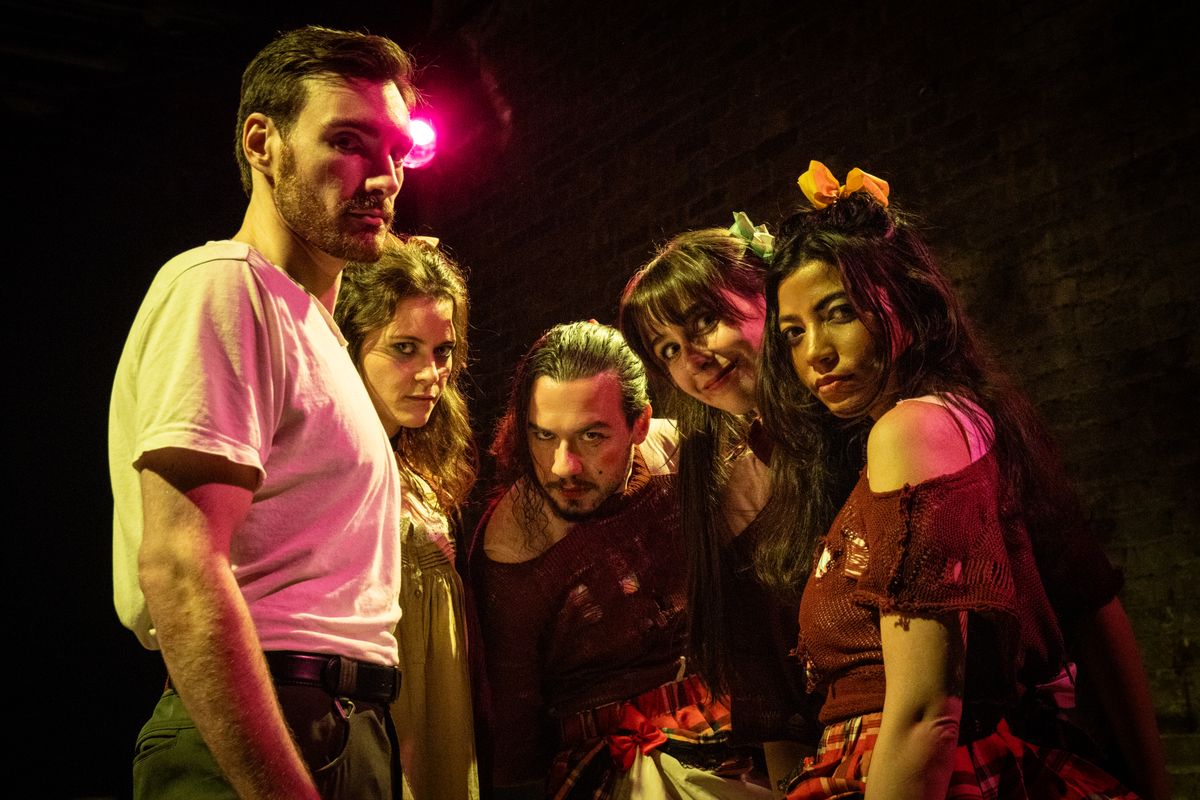 Travis Bergmann, Mackenzie Robin Krestul, Sam Hardy, Quinn Andrews, and Kaitlyn Rose Rabocse in THE IPHIGENIAMACHINE at American Theatre of Actors. Photo by Conor Romero (@conoromero | www.conorromero
