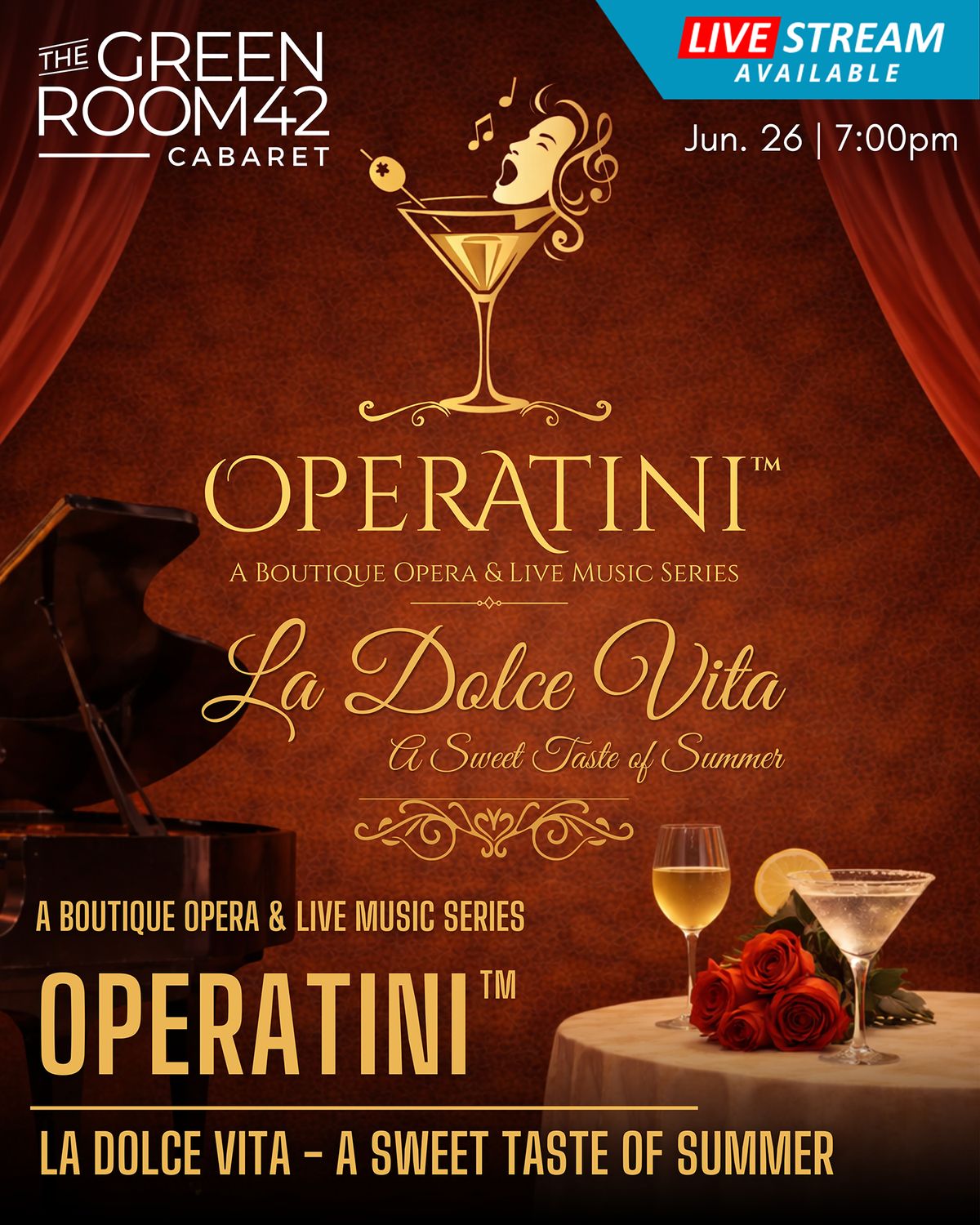 Operatini La Dolce Vita: A Sweet Taste of Summer Step into a candlelit evening of romance, passion, and unforgettable live music at The Green Room 42 in New York City on June 26, 2026. F Operatini La Dolce Vita: A Sweet Taste of Summer Step into a candlelit evening of romance, passion, and unforgettable live music at The Green Room 42 in New York City on June 26, 2026. F
