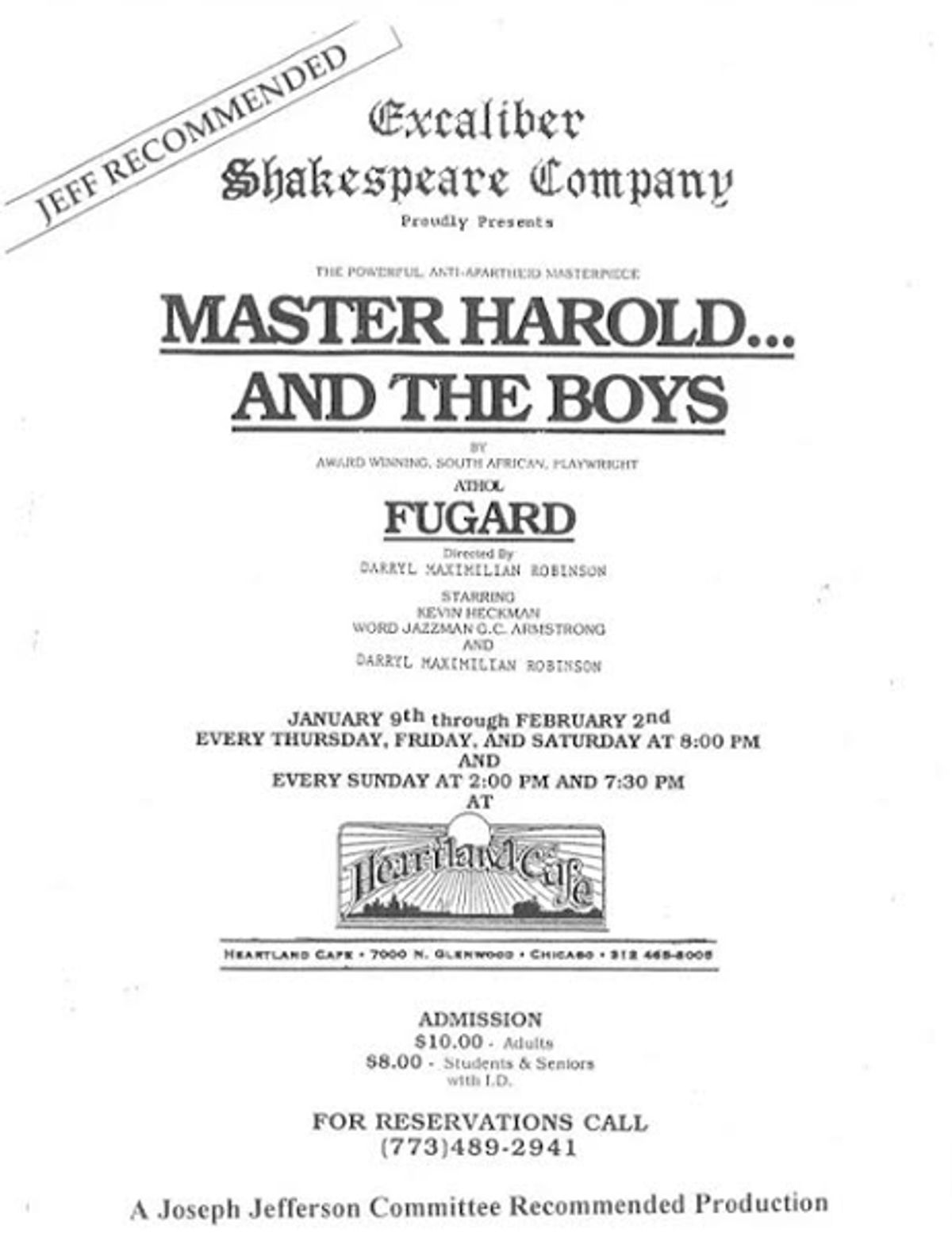Chicago Harold Playbill: ESC Program Cover Cast of Darryl Maximilian Robinson, Kevin Heckman and Gregory Christopher Armstrong in Athol Fugard work Master Harold And The Boys at Heartland Cafe Studio.