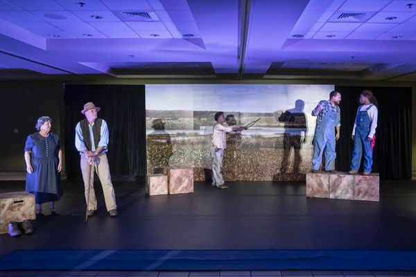 Carol DeVelice, Mark Nuismer, DeAnthony Mays, and JaVonte Gowdy in The Diviners at Shelton State Community College. 2