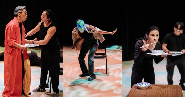Inaugural AAPI Playwright Festival on July 27, 2024: Signs of Life actors Lisa Hu & Joseph Alvarado; Short, Little Green Men playwright/actor Kausar Mohammed; Ryce (with a Y) Karen Law & Josh Del Rosa 1