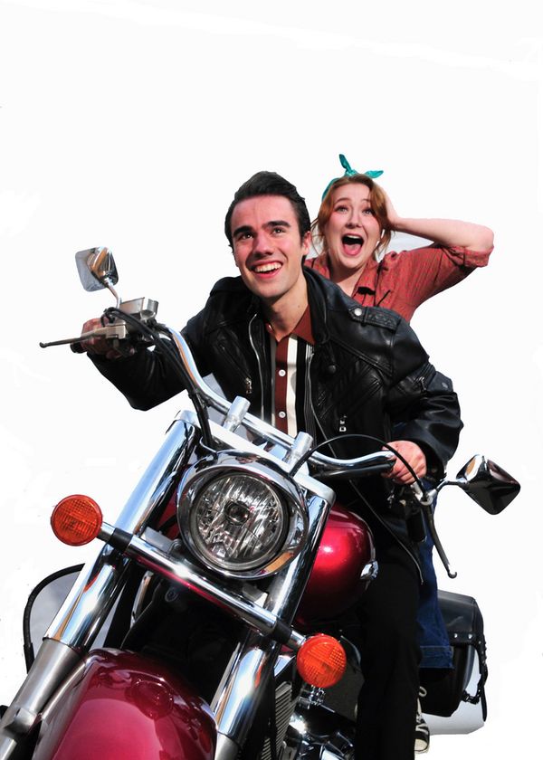 Sam Holden, Jackson Wells-Benitez, Kylie Jenifer Rose, Danny Caputo (the Sheriff), Melissa Standley, and Joseph Cannon in the musical All Shook Up playing at Lakewood Theatre Company, located at 368 S 4