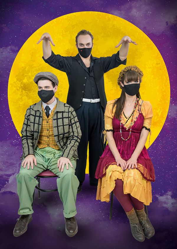 Mortimer (back) (Forrest Stringfellow) acts as the pupetteer for Matt (Zachary Mitchell) and Luisa (Miranda Robinson) 1