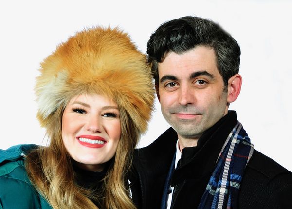 Keaton Fields as Larry the cameraman films Travis Bilenski as Phil Connors, the TV weatherman, in the musical comedy Groundhog Day: The Musical, playing at Lakewood Theatre Company, located at 368 S. 2