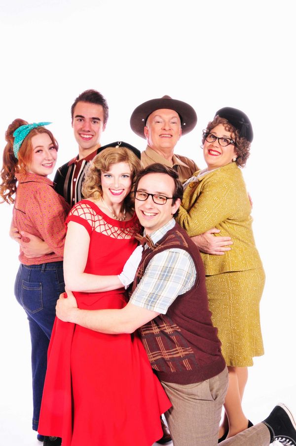 Sam Holden, Jackson Wells-Benitez, Kylie Jenifer Rose, Danny Caputo (the Sheriff), Melissa Standley, and Joseph Cannon in the musical All Shook Up playing at Lakewood Theatre Company, located at 368 S 1