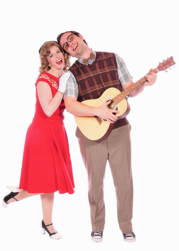 Sam Holden, Jackson Wells-Benitez, Kylie Jenifer Rose, Danny Caputo (the Sheriff), Melissa Standley, and Joseph Cannon in the musical All Shook Up playing at Lakewood Theatre Company, located at 368 S 3