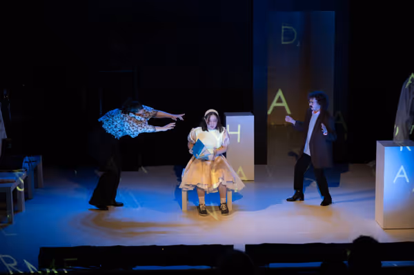 Cerra Cardwell (Lala), Sivan Raz (Sheila), and Getchie Argetsinger (Einstein) (left to right) in The Words Will Come.   Photo by Edison Koo. 4