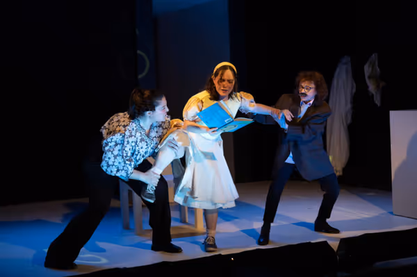 Cerra Cardwell (Lala), Sivan Raz (Sheila), and Getchie Argetsinger (Einstein) (left to right) in The Words Will Come.   Photo by Edison Koo.   1