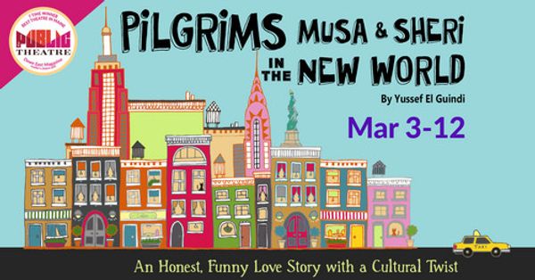 The Cast of ‘Pilgrims Musa & Sheri in the New World.‘ Back Row: Ithamar Francois, Ian Eaton, Laura King-Otazo. Front Row: Aline Salloum, Ahmad Maher. 2