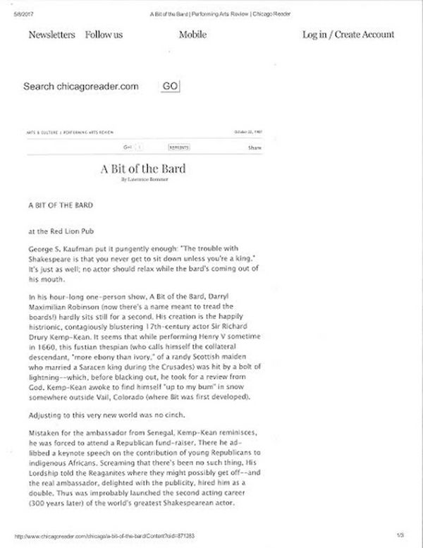 Award-winning Role: Darryl Maximilian Robinson won a 1997 Joseph Jefferson Citation Award for Outstanding Actor In A Play for playing Sam Semela in Fugard: Master Harold And The Boys. 159