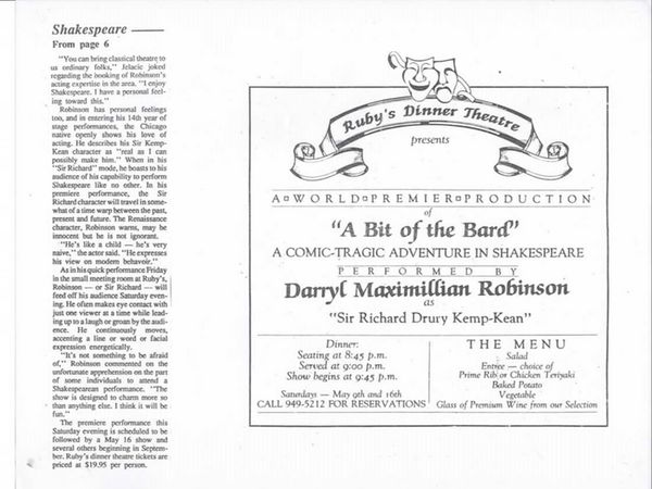 Award-winning Role: Darryl Maximilian Robinson won a 1997 Joseph Jefferson Citation Award for Outstanding Actor In A Play for playing Sam Semela in Fugard: Master Harold And The Boys. 157