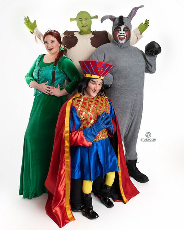 Clockwise from left: Princess Fiona (Sarah Connor of East Montpelier/Winooski), Shrek (Ry Poulin of Winooski), Donkey (Izzy Gilbert of Burlington) and Lord Farquaad (Sean Reeks of Williston) star in Lyric Theatre Company's 