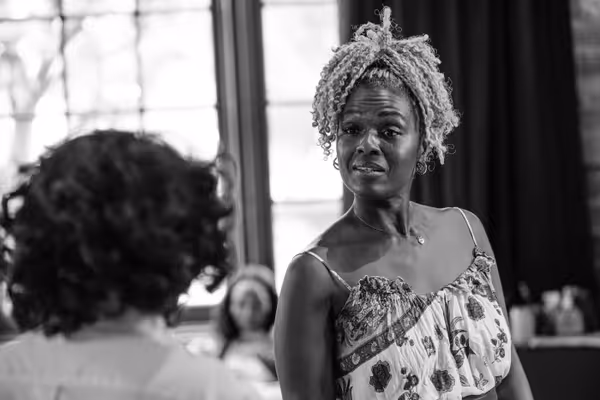 L-R: Denise Burse and Deborah Joy Winans in rehearsal for Angry, Raucous, and Shamelessly Gorgeous at Geffen Playhouse. Photo by Isaak Berliner. 9