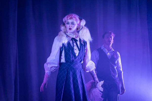 (l to r) Gabrielle Dominique (Constance Blackwood), Matthew Boyd Snyder (Ricky Potts), Shinah Hey (Ocean O’Connell Rosenberg), Nick Martinez (Noel Gruber), Eli Mayer (Mischa Bachinski), and Marc Geller (The Amazing Karnak) in Ride the Cyclone running January 13 through February 19 at Arena Stage at the Mead Center for American Theater. Photo by Margot Schulman. 6