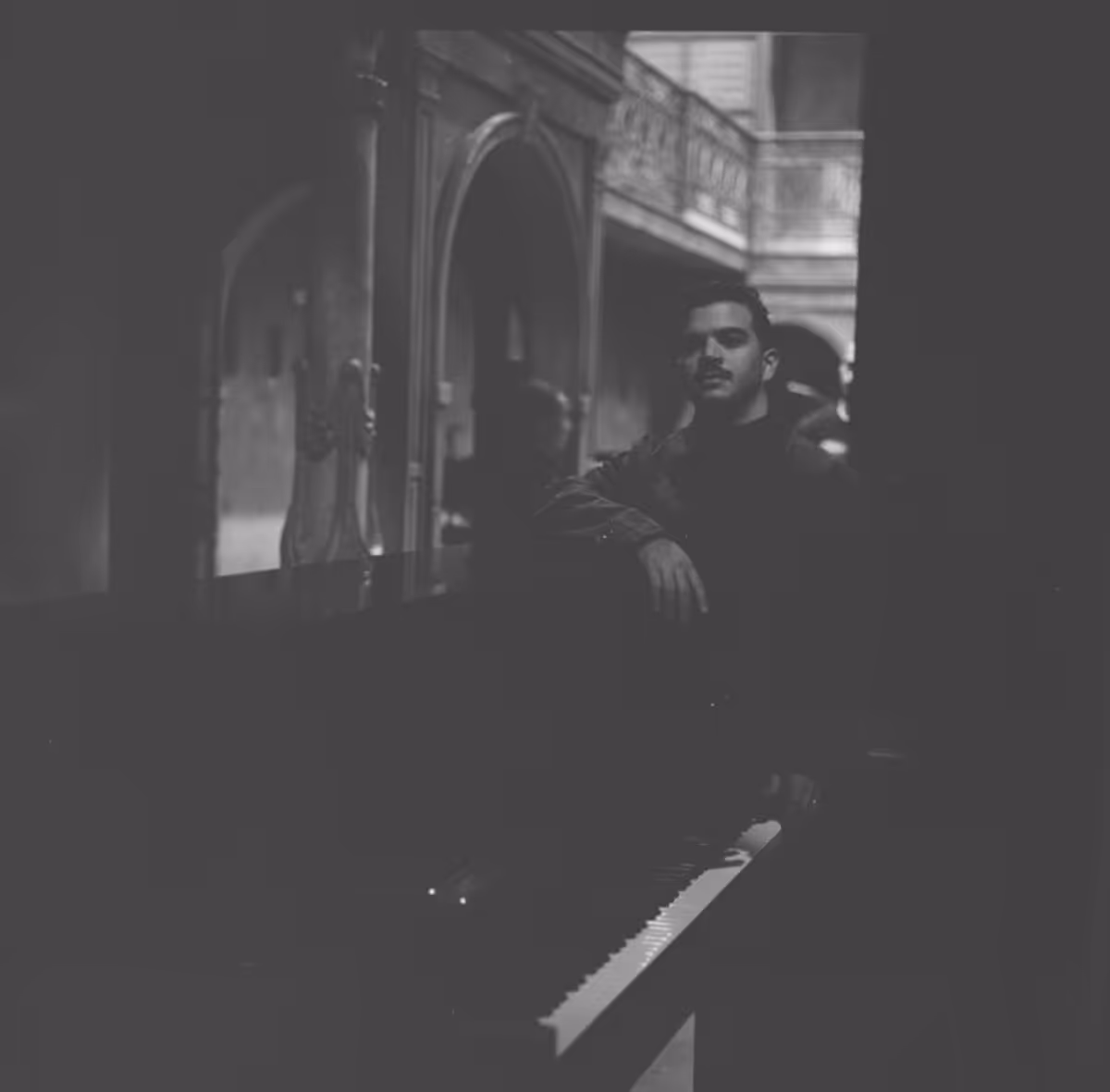 Cuban pianist and actor Jesus Pupo beside the piano at the Gerald Schoenfeld… Photo