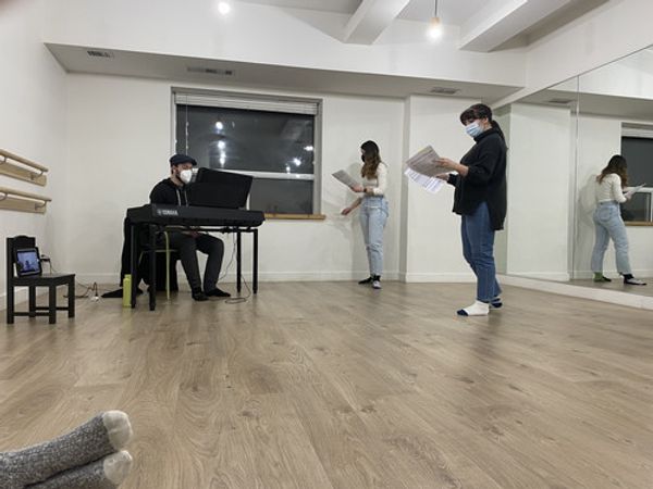 Composer Fynn Cuthbert and actors Laura E. Janzen and Sydney Gauvin learning music for The Good Guys. 5