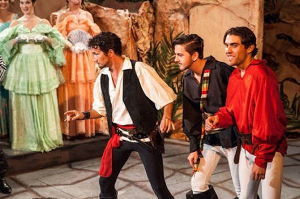 A Pair Of Musical Theatre Madmen!: Drew Fitzsimmons as The Pirate King and Darryl Maximilian Robinson as Major-General Stanley in the 2014 San Pedro Theatre Club 135th Anniversary Revival of Gilbert and Sullivan's 'The Pirates of Penzance' Photo by KOOP. 15