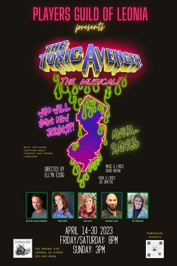 he Toxic Avenger is a 2008 rock musical based on Lloyd Kaufman's cult film of the same name, winner of the Outer Critics Circle Award for Best Off-Broadway Musical and written by Tony Award winners Joe DiPietro and David Bryan (Bon Jovi). The Toxic Avenger is an intoxicating comedy, horror and action-packed love story that has it all: an unlikely hero, his beautiful girlfriend, a corrupt New Jersey mayor and two guys who play... well, everyone else. Set in the most traditional of all musical settings - a toxic waste dump off the New Jersey Turnpike - the citizens of Tromaville cry for help as Melvin Ferd the 3rd, an aspiring earth scientist, vows to clean up the state while fighting corruption, toxic waste dumps, and falling in love with Sarah, a beautiful blind librarian. With its wonderful hair-metal sound, score and superb cast,
The Toxic Avenger will kick a little ass with exuberant fun. 1