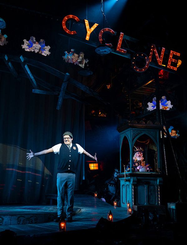 (l to r) Gabrielle Dominique (Constance Blackwood), Matthew Boyd Snyder (Ricky Potts), Shinah Hey (Ocean O’Connell Rosenberg), Nick Martinez (Noel Gruber), Eli Mayer (Mischa Bachinski), and Marc Geller (The Amazing Karnak) in Ride the Cyclone running January 13 through February 19 at Arena Stage at the Mead Center for American Theater. Photo by Margot Schulman. 13