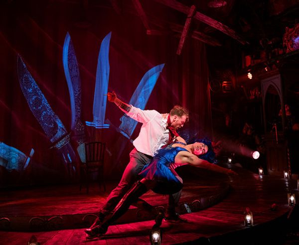 (l to r) Gabrielle Dominique (Constance Blackwood), Matthew Boyd Snyder (Ricky Potts), Shinah Hey (Ocean O’Connell Rosenberg), Nick Martinez (Noel Gruber), Eli Mayer (Mischa Bachinski), and Marc Geller (The Amazing Karnak) in Ride the Cyclone running January 13 through February 19 at Arena Stage at the Mead Center for American Theater. Photo by Margot Schulman. 9