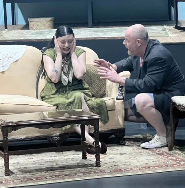We   re in rehearsal for opening one week from tonight! Violet endures more questioning from an investigator. Pictured are Tristan O   Hara and Sean Spencer 3