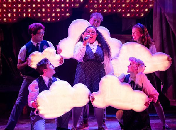 (l to r) Gabrielle Dominique (Constance Blackwood), Matthew Boyd Snyder (Ricky Potts), Shinah Hey (Ocean O’Connell Rosenberg), Nick Martinez (Noel Gruber), Eli Mayer (Mischa Bachinski), and Marc Geller (The Amazing Karnak) in Ride the Cyclone running January 13 through February 19 at Arena Stage at the Mead Center for American Theater. Photo by Margot Schulman. 16