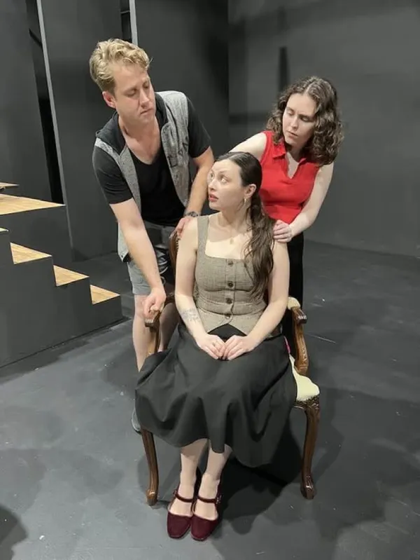 VIOLET SHARP is heading to tech rehearsals soon! Here, Charles and Anne Lindbergh speak with Violet after their son disappears. Pictured L-R: Craig Musser, Tristan O   Hara, and Gabrielle Baker direct 4