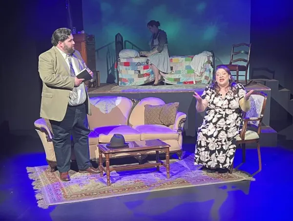 Betty defends her friend Violet to officer Walsh investigating the Lindbergh baby kidnapping in VIOLET SHARP opening Friday and playing through April 26. Pictured L-R: Tyler Waits, Tristan Catherine O 6