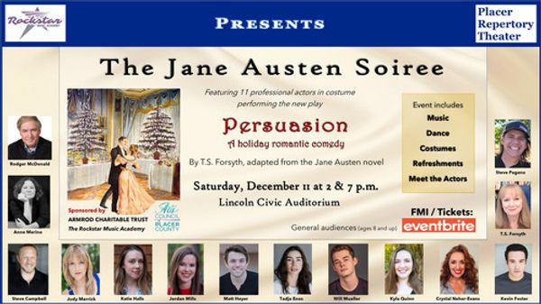 The Jane Austen Soiree, December 11 at 2 & 7 p.m. Only $20/person. FMI: Eventbrite: https://www.eventbrite.com/e/194079556177
Image shows headshots of all the actors involved. 1