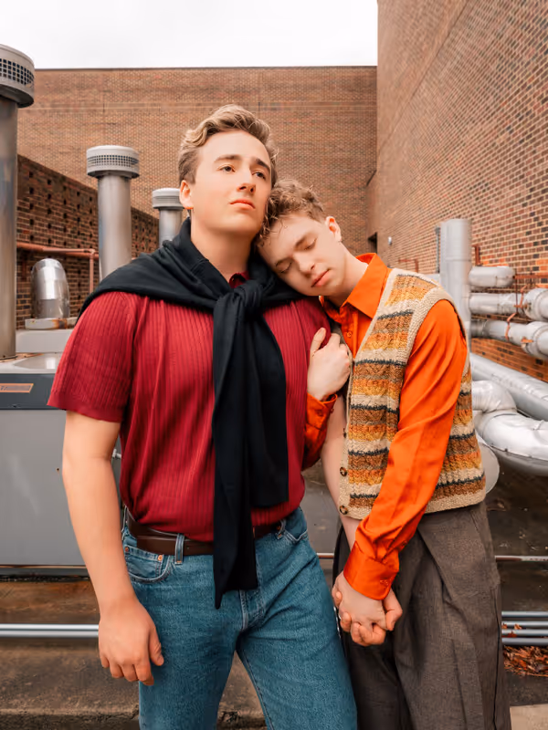 (L to R): Elliot Choate (Henry) and Jonah Uffelman (Nikolas/The Guard) for Antigone 1989: A Town Hall Musical. Photo by Geovanny Soto. 5