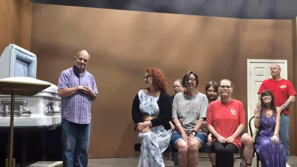 We   re in rehearsal at CST for SORDID LIVES directed by Elin Bhaird! Here friends and family gather at Ms. Peggy   s funeral. 2