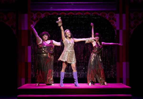 Center: Karriyma Pekary as (Deloris Van Cartier). Left: Melissa Martinez as (Tina). Right: Haley Clarke as (Michelle) 8