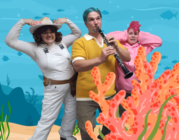 Squidward (Matt Wright) serenades Sandy (Shelby Sessler) and Patrick (Leighton Mount) in the Broadway Bound Vista Theatre Project's production of THE SPONGEBOB MUSICAL. 2