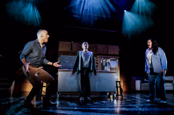 Alex Mohajer as Dan, Emmon Amid as Gabe, and Lindsay Johnson as Diana in Phantasma Arts    inaugural production of Next to Normal, running July 17-2025 at West Performing Arts Center in Torrance, CA.  2
