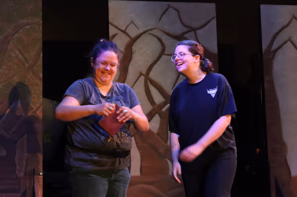 Rehearsal Photo Mandi Thompson (Feste) and Brianna Trickel (Viola) 2