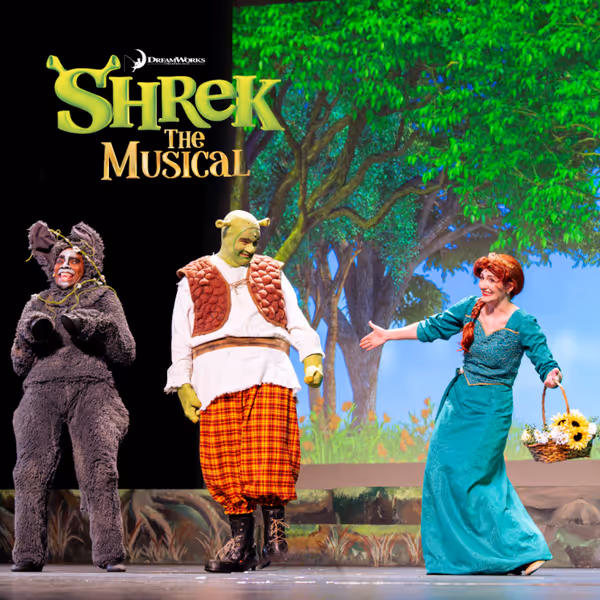 Allen McBride as Donkey, Matthew Robison as Shrek, and Emma Price as Princess Fiona 4