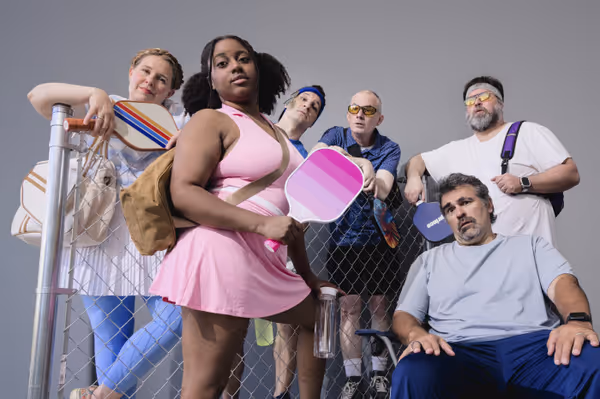 The Cast of Pickleball (L to R):  Rebecca Schweitzer*, Imri Tate, Will Livingston, Erin Gould, Rich Matli, Chris Reber  (Photo by Tracy Martin Photography) 1