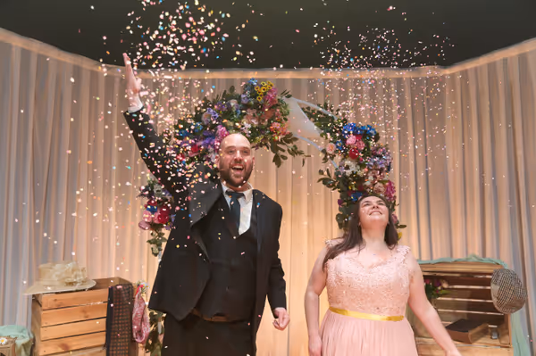 Mark Henry-Davies and Mared Llywelyn in Parti Priodas by Gruffudd Owen, a Theatr Cymru production. Photographed by Mark Douet. 1