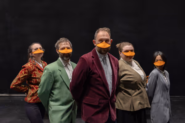 The Ducks get together for a New Year   s ball in Heart of Duckness by A.J. Ditty (l-r, Allison McCall, Nate Speckman, Ryland Garnett, Hollie Pryor, and Chris Say). Photo by Hannah Daly Ellsworth. 2