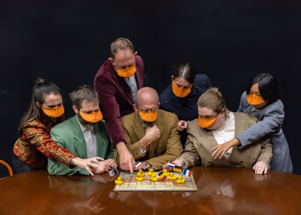 The cast of Heart of Duckness by A.J. Ditty as the Delegates of the Berlin Conference of 1884 (l-r, Allison McCall, Nate Speckman, Ryland Garnett, Gary Penn, Madison Shmalo, Hollie Pryor, and Chris Sa 1