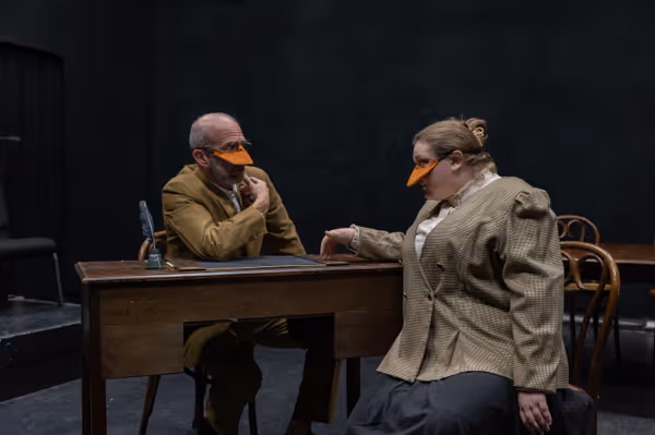 Otto von Bisquack (Gary Penn) meets with the Marqu  s de Penaquill (Hollie Pryor) to discuss strategies in Heart of Duckness by A.J. Ditty. Photo by Hannah Daly Ellsworth. 3