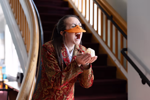  Allison McCall plays the greedy King Leopold II of Belgium in Heart of Duckness by A.J. Ditty. Photo by Hannah Daly Ellsworth.   9