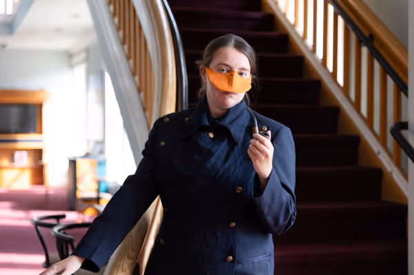 Madison Shmalo plays Sir Edward Mallard of Duckingham, the English delegate looking to make it through without ruffling too many feathers in Heart of Duckness by A.J. Ditty. Photo by Hannah Daly Ellsw 11