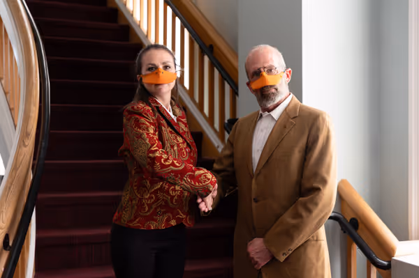King Leopold II (Allison McCall) and Otto von Bisquack (Gary Penn) pose for the press in Heart of Duckness by A.J. Ditty. Photo by Hannah Daly Ellsworth. 14