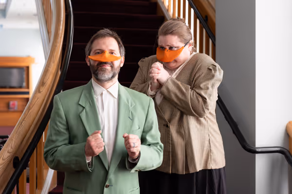 The Marques de Penaquill (Hollie Pryor) hopes that Mr. Duck (Nate Speckman) could be the answer to her prayers in Heart of Duckness by A.J. Ditty. Photo by Hannah Daly Ellsworth. 15