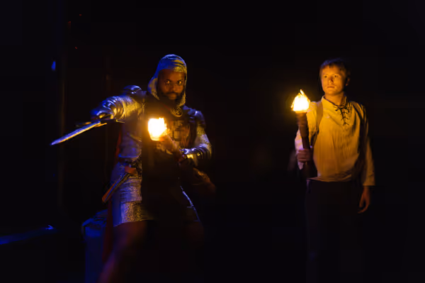 Jacob Elijah Anderson as Sir Talgar Dunson and Evan Klein as Hammond Mattheus Gooselund in Honor Shmonor at The Tank NYC 1