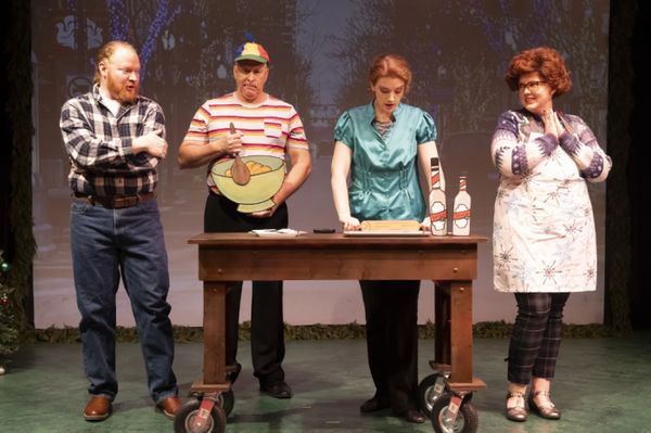 Steve Peebles, Joe Dempsey, Kait Auburn, and Emma Brock in A Very Kalamazoo Christmas. Photo by Klose2u Photography LLC. 1