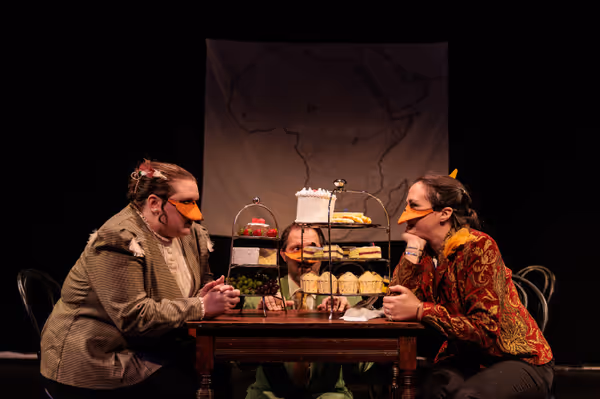 The Marquês de Penaquill (Hollie Pryor, left) faces off with King Leopold II (Allison McCall, right) while an anxious Mr. Duck looks on in Heart of Duckness by A.J. Ditty. Photo by Kat Moraros Photography. 5
