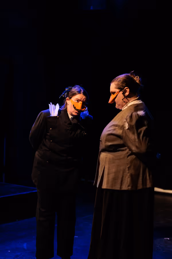 Sir Mallard (Madison Shmalo) lectures the Marquês de Penaquill (Holie Pryor) about negotiation etiquette in Heart of Duckness by A.J. Ditty. Photo by Kat Moraros Photography. 7